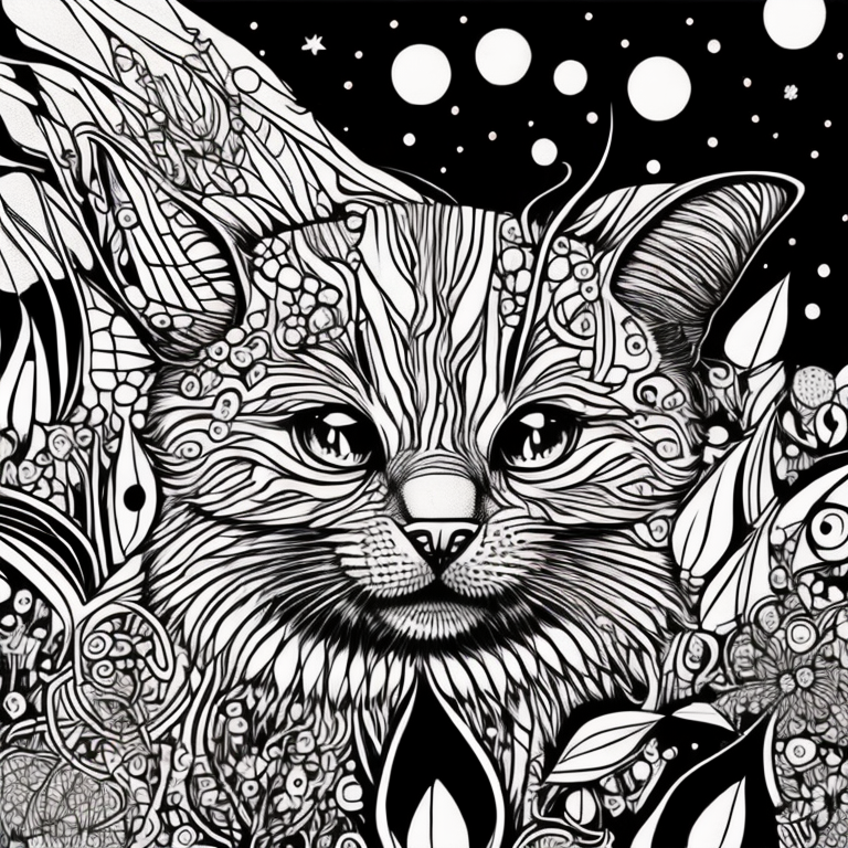 Engaging adult coloring book cover, shadow cat depicted in continuous line style, expressive eyes exuding curiosity and mystery, scene gradually unfolding to reveal surroundings, selective hand-colored details, seamless transition from black and white to hand-colored elements along the spine, back cover entirely hand-colored.