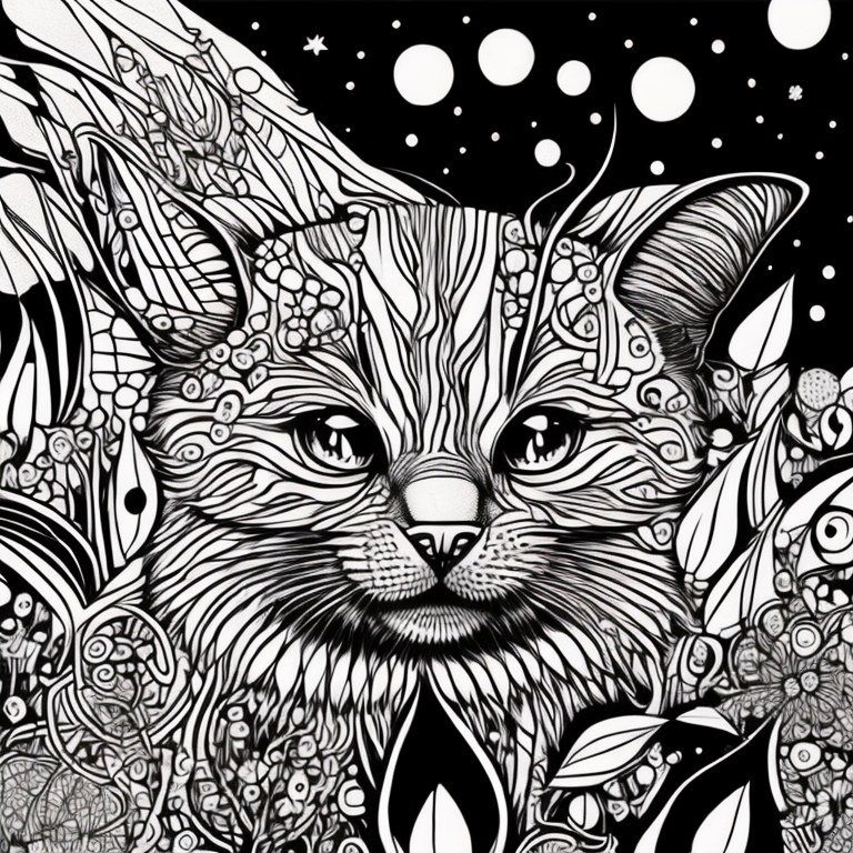 Engaging adult coloring book cover, shadow cat depicted in continuous line style, expressive eyes exuding curiosity and mystery, scene gradually unfolding to reveal surroundings, selective hand-colored details, seamless transition from black and white to hand-colored elements along the spine, back cover entirely hand-colored. coloring page