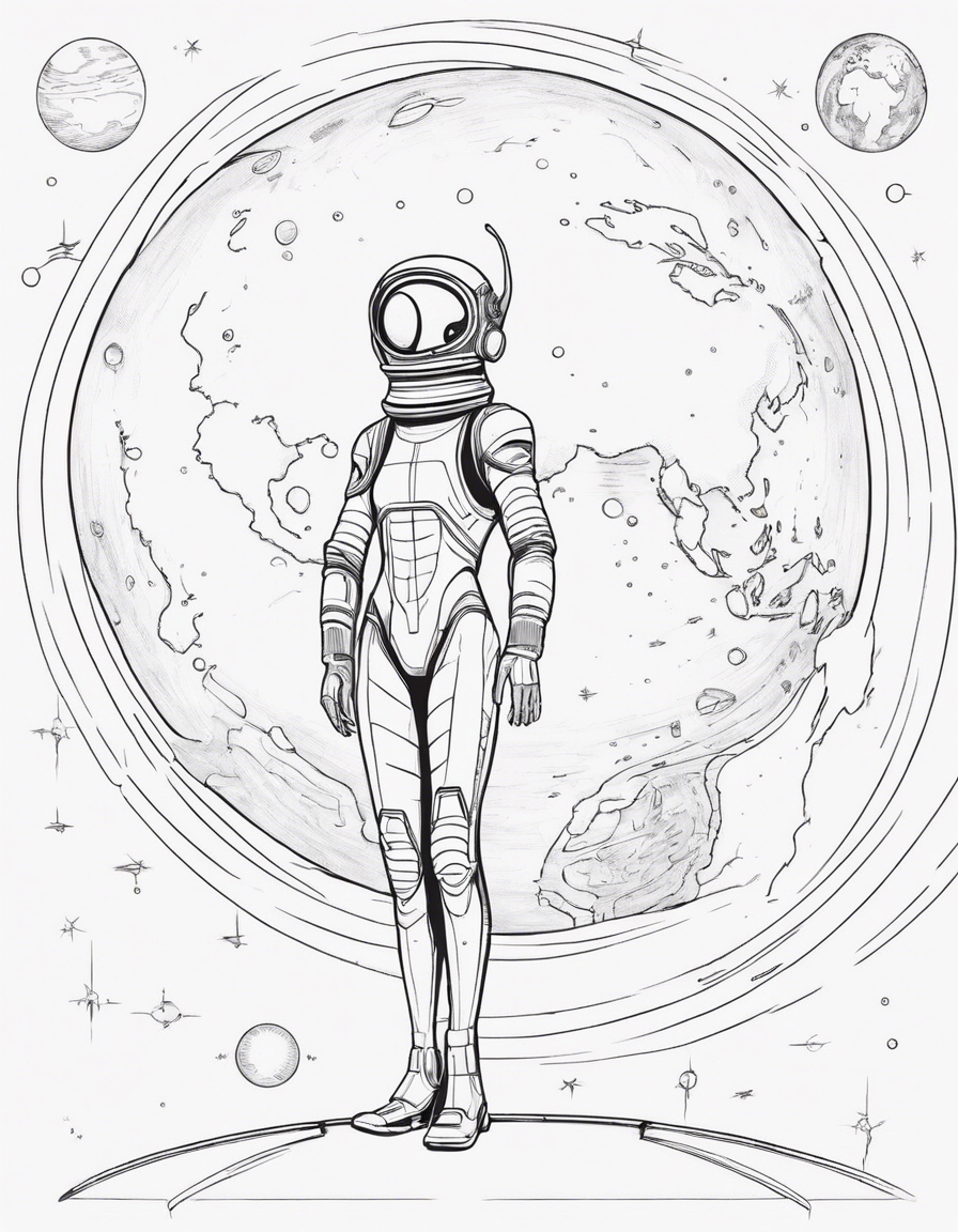 11 year old humanoid alien girl flyer her spacecraft in space just above earth's atmosphere coloring page