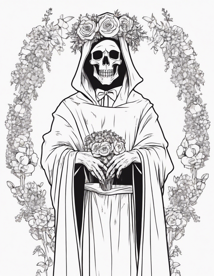 Adorable Grim Reaper with a Flower Crown coloring page