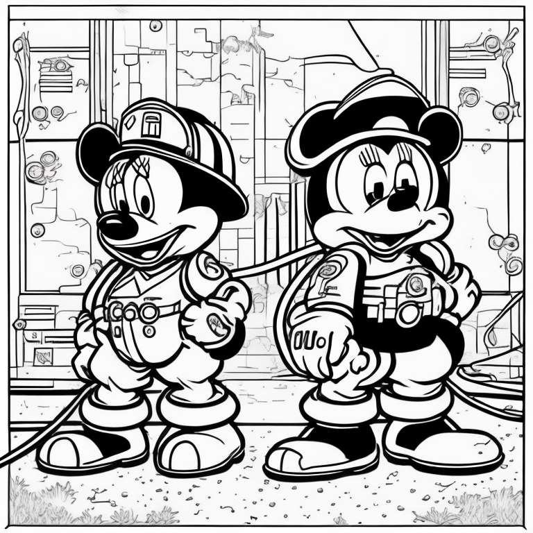 Minnie and Donald firefighters coloring page