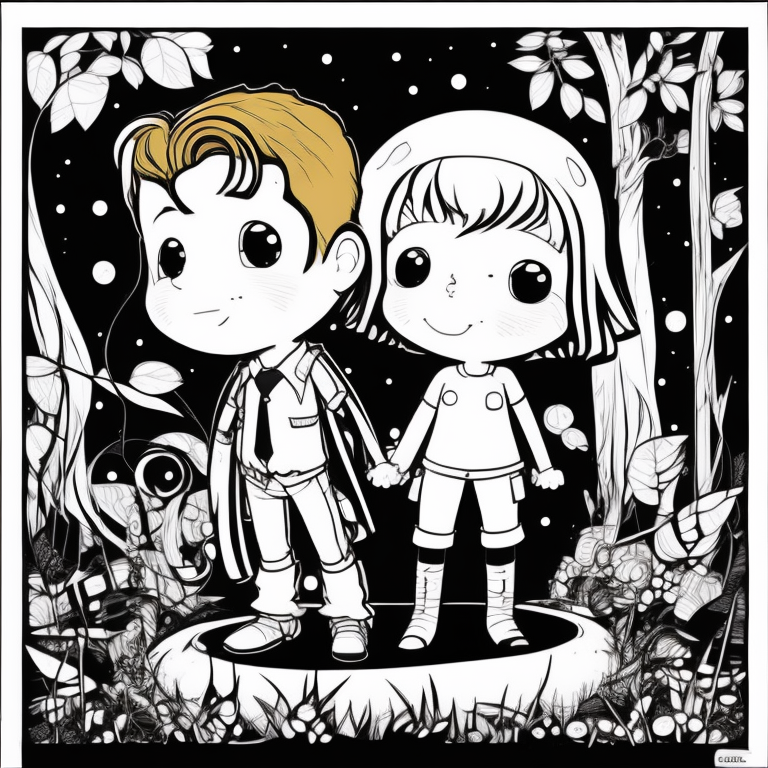 Homem A conversando com Homem B e uma Mulher, bricando com os animais. Em uma floresta comcachoeira. Homem A vestido com um manto. O Homem A e a Mulher com roupas de folhas. Com animais da selva e floresta. Imagem em estilo chibi. Imagem para colorir, imagem em preto e branco coloring page