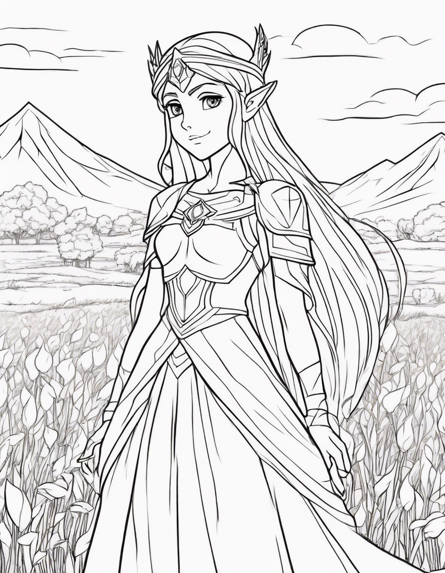 tears of the kingdom princess zelda standing in a field of silent princesses coloring page