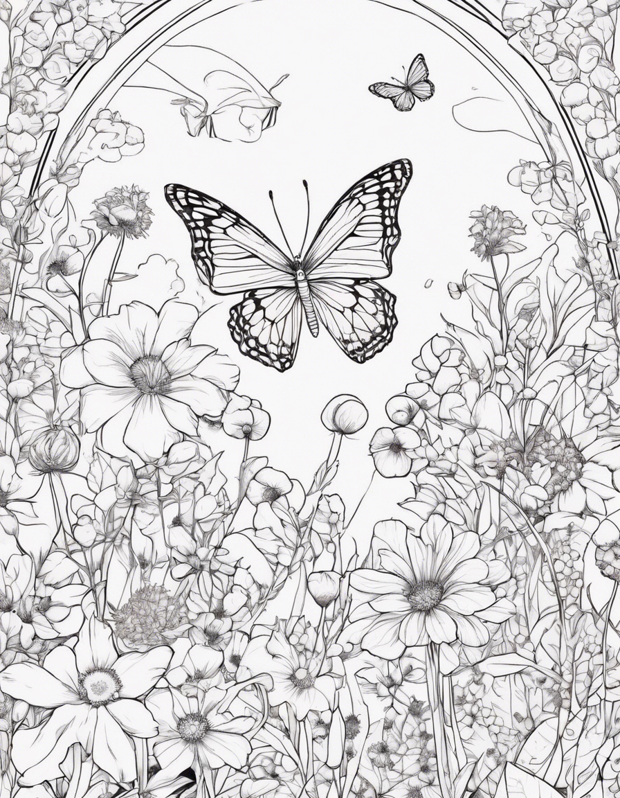 Create a whimsical illustration of a butterfly garden in full bloom coloring page