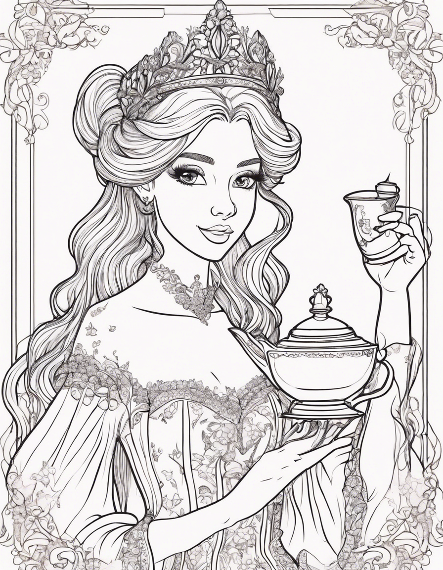 Princess: The central figure of the illustration should be a princess drinking tea or holding a cup. She can be depicted wearing a beautiful gown or dress, with a crown or tiara on her head to signify her royalty. Tea Set: Include a tea set with a teapot, teacup, and saucer. The tea set can be ornate and elegant, reflecting the princess's refined taste. Flowers: The illustration should have an abundance of flowers surrounding the princess. Use a variety of colorful flowers like roses, daisies, tulips, and lilies to create a vibrant and enchanting atmosphere. Tea Party Setting: Create a cozy and picturesque scene by including a table or picnic blanket with a floral tablecloth where the princess can enjoy her tea. Add teacups, plates, and utensils to enhance the tea party ambiance. Nature Elements: Incorporate natural elements like trees, bushes, grass, or a meadow in the background to give the illustration depth and context. This will also complement the princess's surroundings in the flower-filled environment. Butterflies and Birds: To add an extra touch of whimsy, include butterflies fluttering around the flowers or birds perched on branches nearby. This will bring life to the illustration and create a sense of movement. Delicate Details: Pay attention to small details, such as the princess's facial expression, hair, and clothing details. Add intricate patterns to her attire or jewelry to make her look regal and elegant. Soft Color Palette: Opt for a soft and pastel color palette to maintain a gentle and dreamy atmosphere. Light pinks, purples, and blues can be used for the princess's dress and the flowers, while greens and browns can be used for the natural elements. Error-Free Execution: Ensure that the design is meticulously executed, with clean lines, smooth color transitions, and attention to proportion and perspective. Avoid any glaring errors or inconsistencies that may distract from the overall beauty of the illustration. coloring page