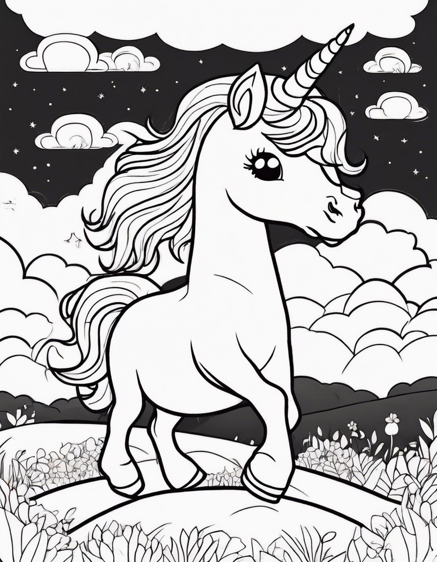 adorable prancing baby unicorn in front of small hills with clouds in the sky coloring page