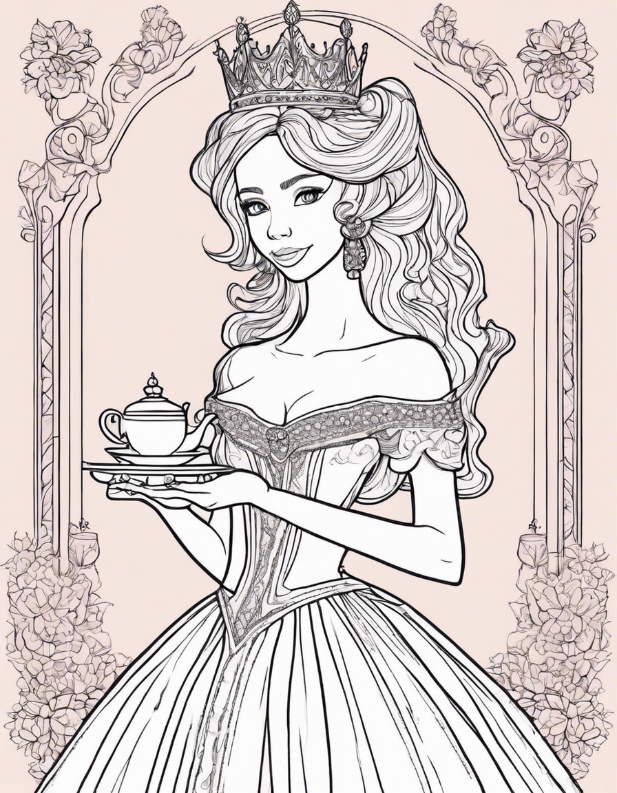 Princess: The central figure of the illustration should be a princess drinking tea or holding a cup. She can be depicted wearing a beautiful gown or dress, with a crown or tiara on her head to signify her royalty. Tea Set: Include a tea set with a teapot, teacup, and saucer. The tea set can be ornate and elegant, reflecting the princess's refined taste. Flowers: The illustration should have an abundance of flowers surrounding the princess. Use a variety of colorful flowers like roses, daisies, tulips, and lilies to create a vibrant and enchanting atmosphere. Tea Party Setting: Create a cozy and picturesque scene by including a table or picnic blanket with a floral tablecloth where the princess can enjoy her tea. Add teacups, plates, and utensils to enhance the tea party ambiance. Nature Elements: Incorporate natural elements like trees, bushes, grass, or a meadow in the background to give the illustration depth and context. This will also complement the princess's surroundings in the flower-filled environment. Butterflies and Birds: To add an extra touch of whimsy, include butterflies fluttering around the flowers or birds perched on branches nearby. This will bring life to the illustration and create a sense of movement. Delicate Details: Pay attention to small details, such as the princess's facial expression, hair, and clothing details. Add intricate patterns to her attire or jewelry to make her look regal and elegant. Soft Color Palette: Opt for a soft and pastel color palette to maintain a gentle and dreamy atmosphere. Light pinks, purples, and blues can be used for the princess's dress and the flowers, while greens and browns can be used for the natural elements. Error-Free Execution: Ensure that the design is meticulously executed, with clean lines, smooth color transitions, and attention to proportion and perspective. Avoid any glaring errors or inconsistencies that may distract from the overall beauty of the illustration. coloring page