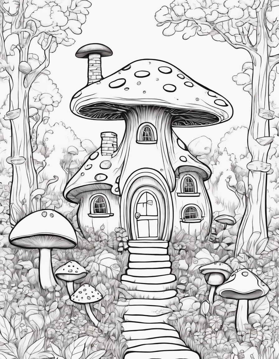 mushroom house, fantasy forest, cute, whimsical, detailed coloring page