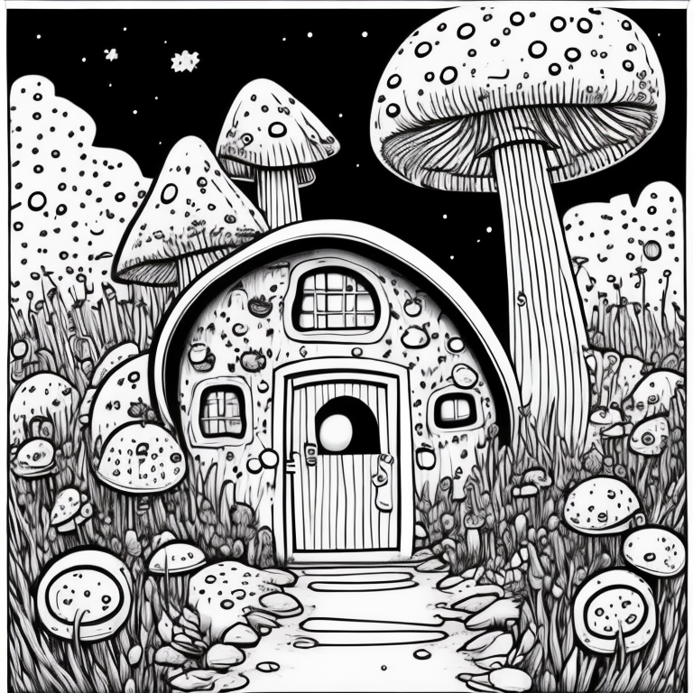 mushroom shaped house, cute coloring page