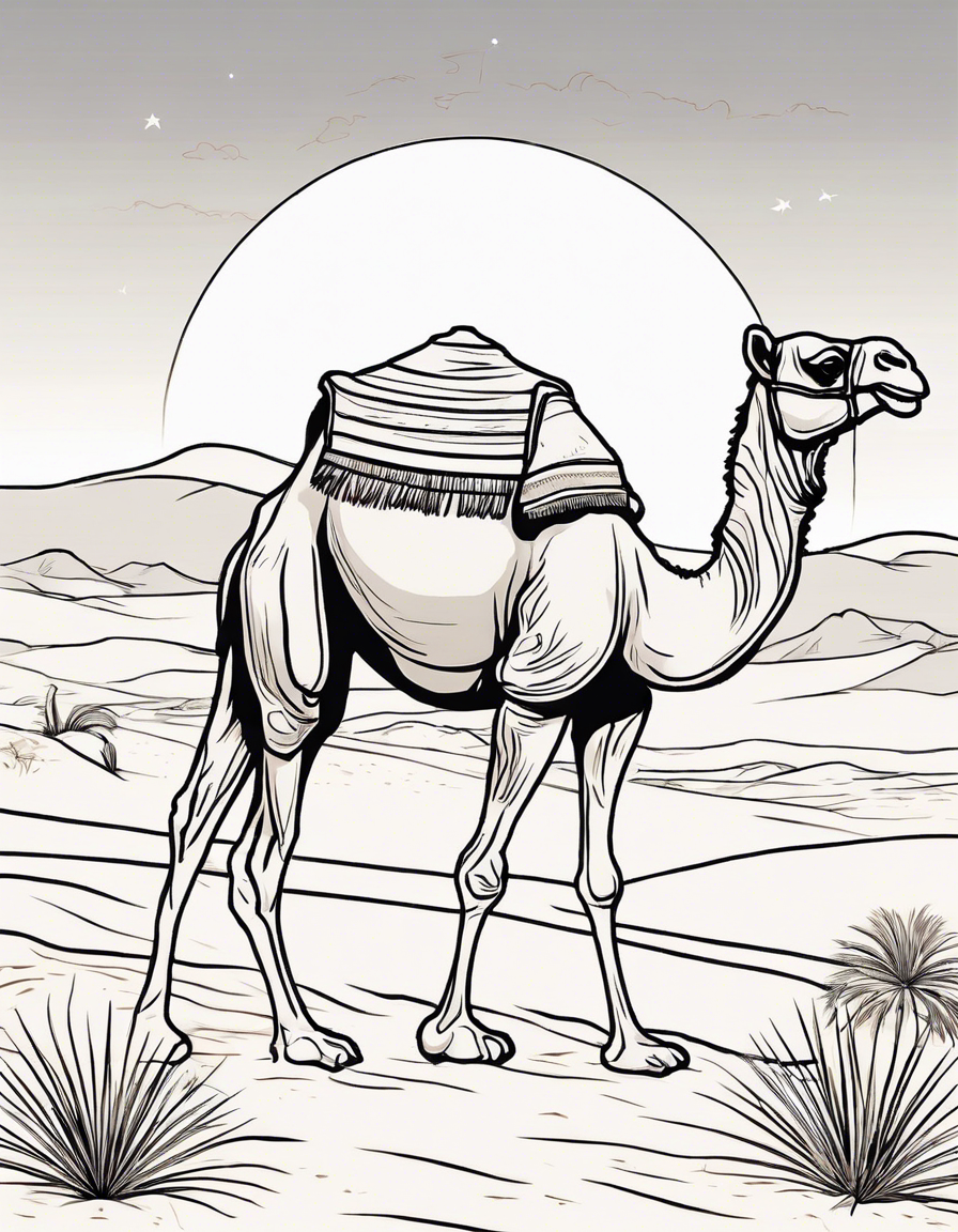 A majestic and noble black and white line art illustration of a camel trekking through the vast and arid Sahara Desert, with a beautiful sunset in the background. The camel is shown with a regal and dignified expression, its hump and long legs perfectly adapted to the desert environment. The desert landscape is shown in all its grandeur, with dunes, rock formations, and distant oases dotting the horizon. The line art is suitable for coloring, with majestic and awe-inspiring details that invite colorists to add their own sense of grandeur and beauty to the image. This coloring page captures the resilience and adaptability of camels, while also celebrating the stunning and stark beauty of the desert landscape, and invites colorists to join in on this awe-inspiring and humbling scene." coloring page