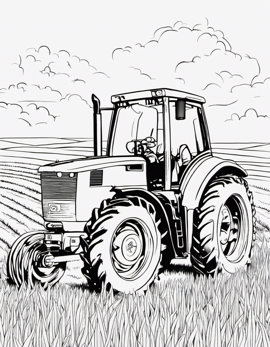 Large tractor in a cornfield with a 3 yo boy at the controls coloring page