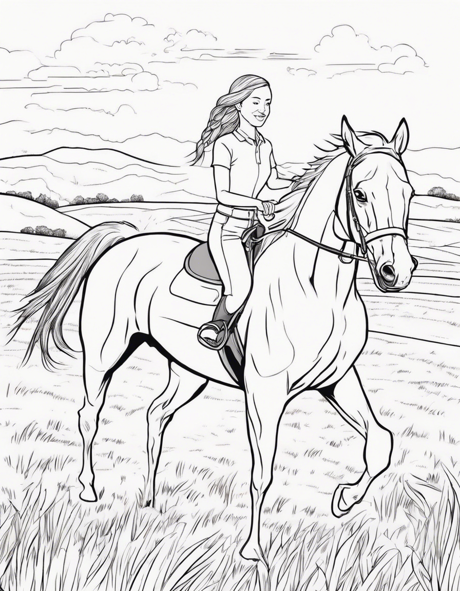 Now you're old girl with 2 braids. riting a horse in a field with a dog running beside her coloring page