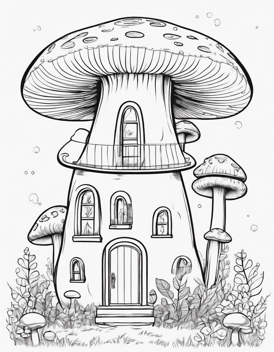 mushroom shaped house, cute coloring page