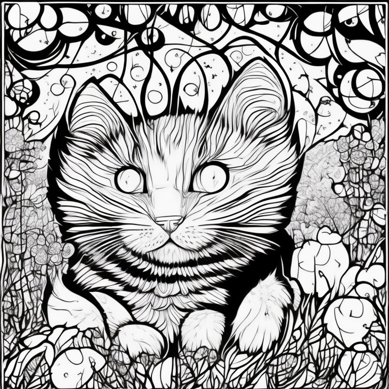 Desenhe um gato em um jardim antigo noturno. A imagem deve estilo realista coloring page