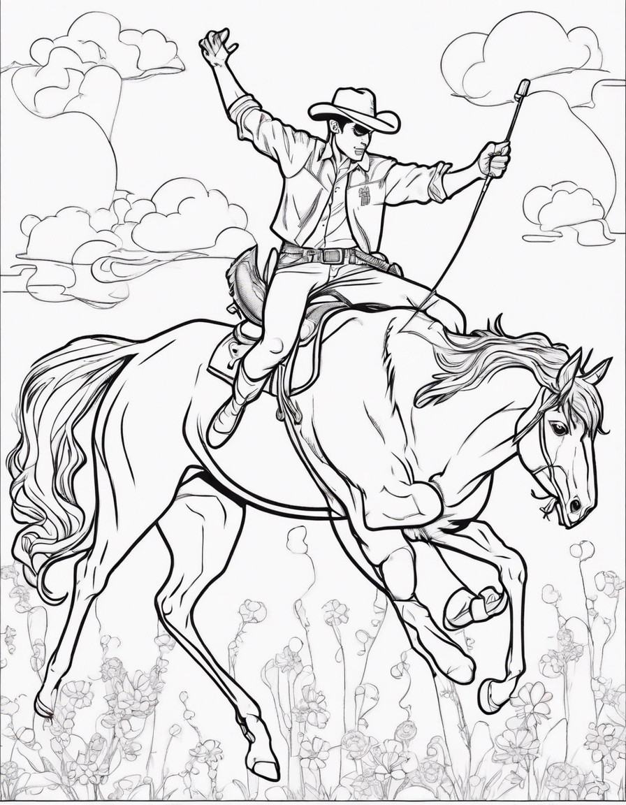 spiderman riding on a unicorn wearing a cowboy hat coloring page