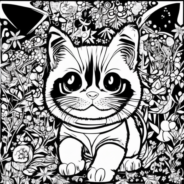 crie um gatinho preto e branco para colorir coloring page