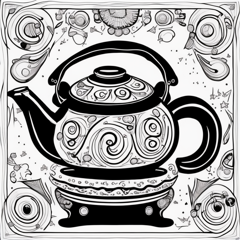 cute dancing teapot and plates on side coloring page