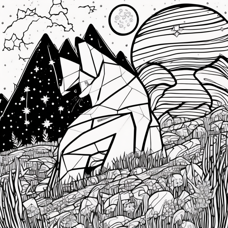 Design an adult coloring page depicting the shadow cat atop a moonlit mountain, with nocturnal winds swirling around. Utilize a continuous line drawing style with simple lines, suitable for easy coloring while maintaining a realistic approach. Capture the essence of balance and transcendence through minimalist details and a serene ambiance. Present the image in black and white against a white background, aligning with the contemporary aesthetic trends seen on platforms such as ArtStation. Ensure a clear focus and intricate composition, providing colorists with an engaging and spiritually uplifting coloring experience. coloring page