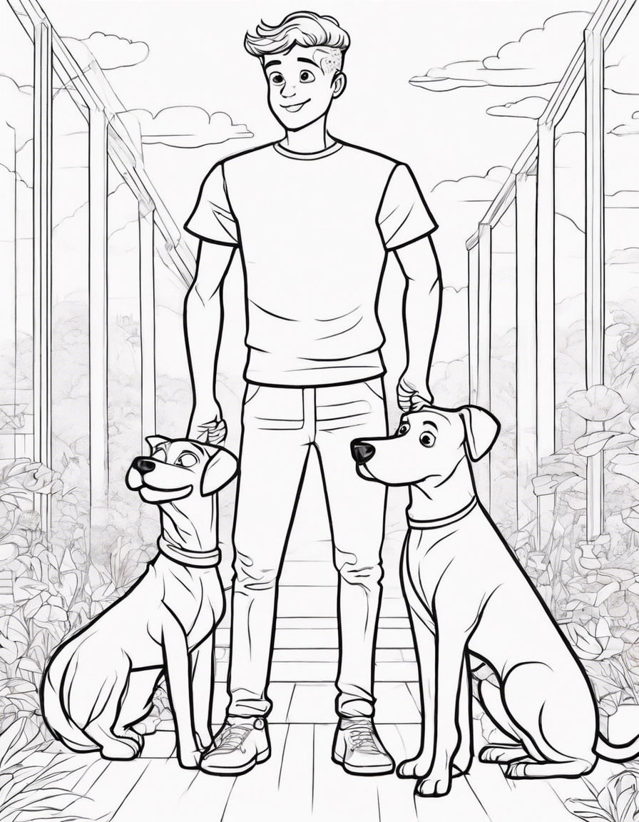 Create a coloring book illustration of a boy standing with his back to the viewer, arms folded, while a dog jumps happily behind him. Keep the lines clear and straightforward, allowing for easy coloring coloring page