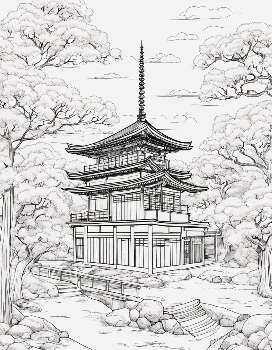 Japanese house with cherry blossom trees. coloring page