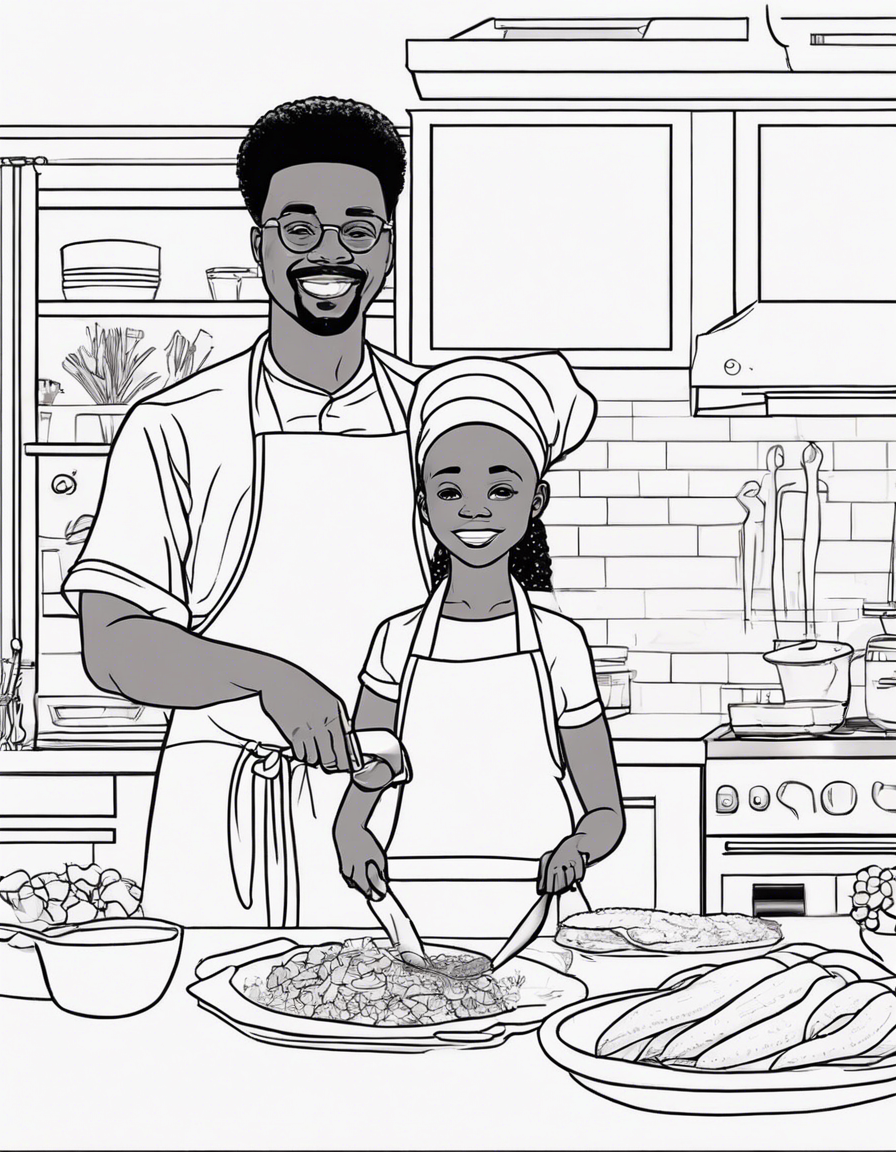 Black girl cook with dad coloring page