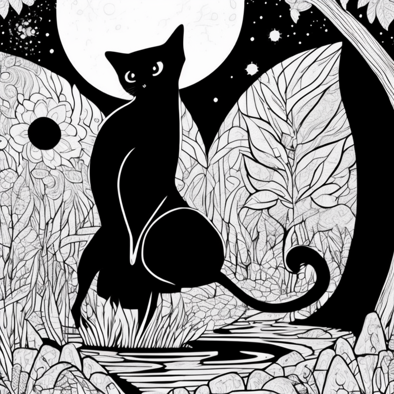 Design an adult coloring page featuring the shadow cat immersed in a moonlit lake, as it explores the realm of nocturnal waters. Incorporate a continuous line drawing style with simple lines, making it suitable for easy coloring. Convey the tranquility of the nighttime setting through minimalist details and a serene atmosphere. Present the image in black and white against a white background, aligning with the current aesthetic trends seen on platforms such as ArtStation. Ensure clear focus and intricate composition, offering colorists an engaging and meditative coloring experience.