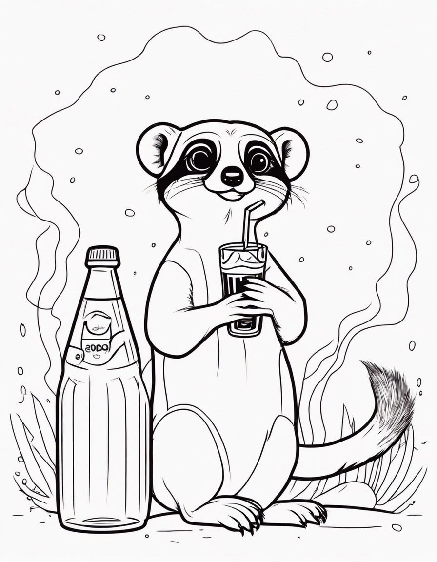 kawaii meerkat having a soda coloring page