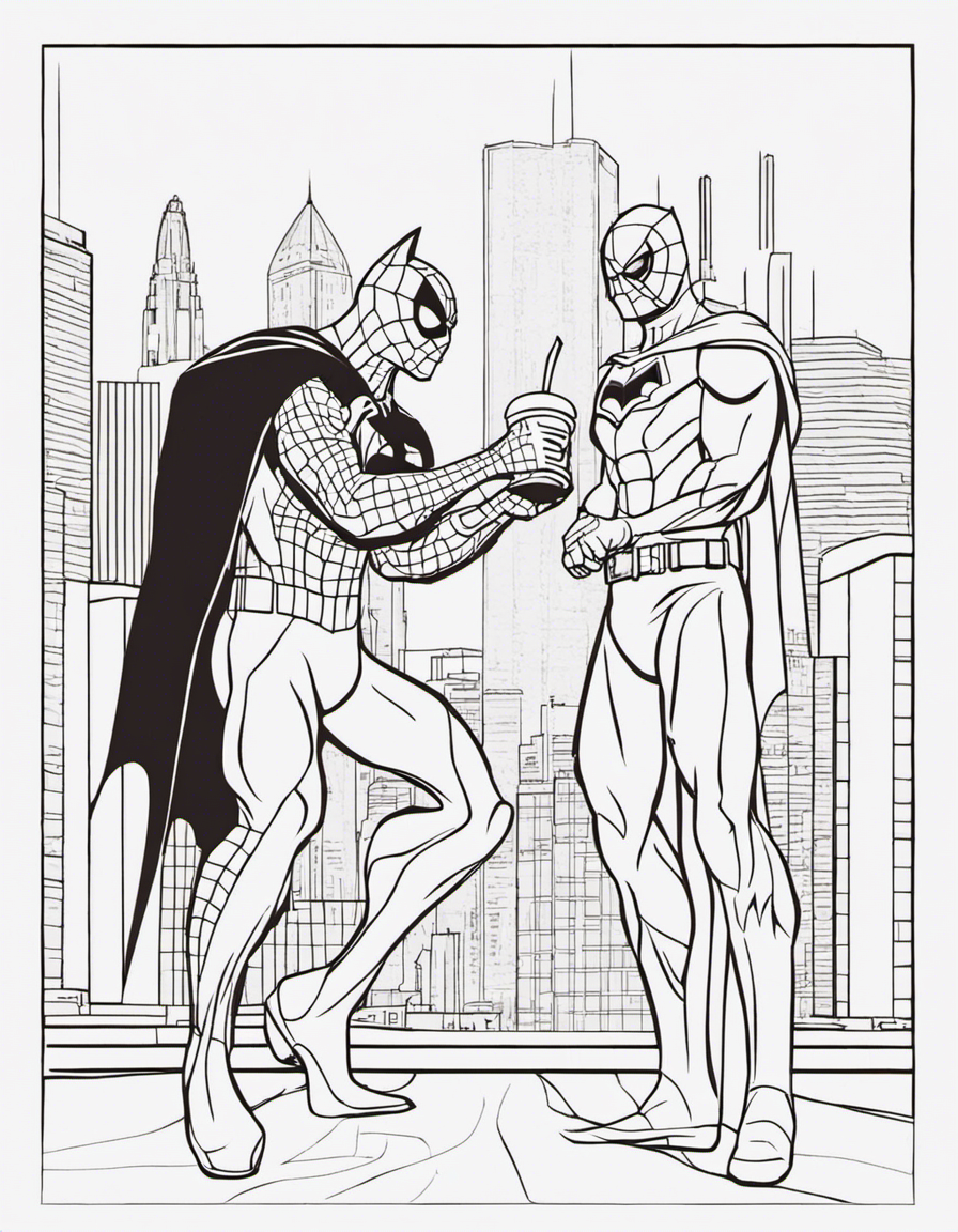Spiderman and batman having a milkshake coloring page