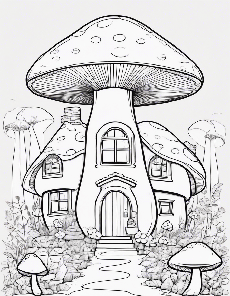 mushroom shaped house, cute coloring page