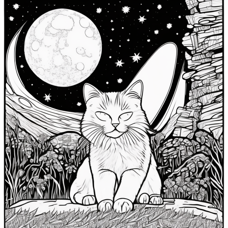Design an adult coloring page illustrating the shadow cat beside an ancient wellspring, its waters reflecting the moon's gentle radiance. Employ a continuous line drawing technique with simple lines, designed for easy coloring while preserving a realistic quality. Convey the essence of timeless wisdom and harmonious connection with the universe through minimalist intricacies and a serene ambiance. Display the image in black and white against a white backdrop, aligning with the prevalent artistic preferences seen on platforms like ArtStation. Ensure a distinct focus and intricate arrangement, granting colorists an immersive and contemplative coloring journey.