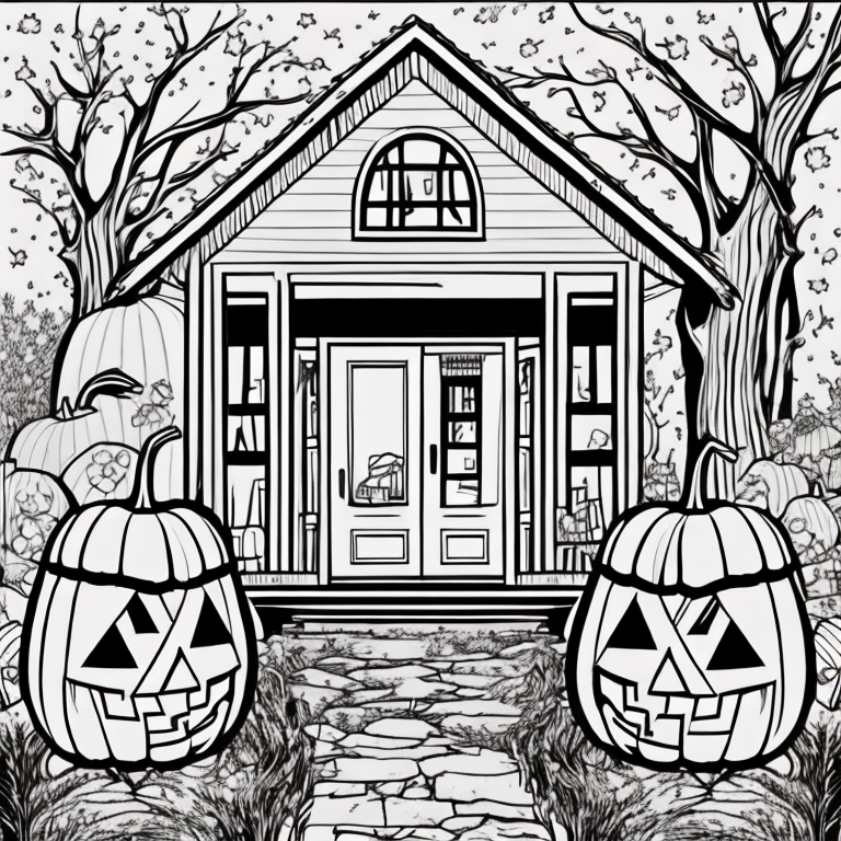 Front door of a house decorated for Halloween this is a coloring page for kid it is large prints lines only no shading on white backgroun