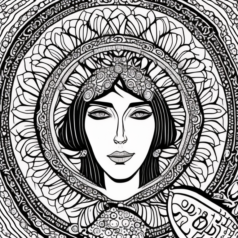female surrounded by mandala coloring page