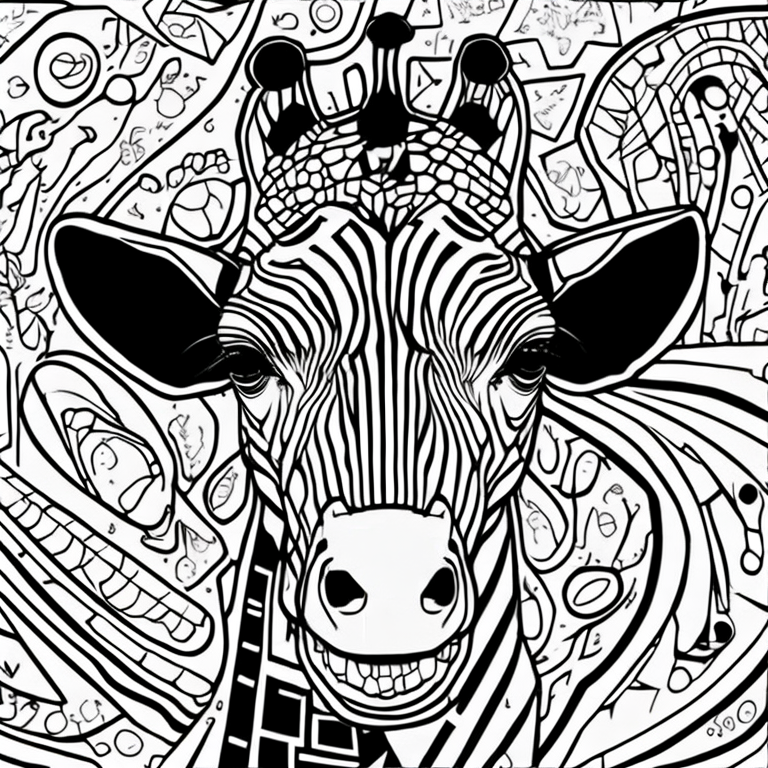 Macro, Geometric, GIraffe face built out of 3-dimensional Helical Prism and Paisley shapes coloring page