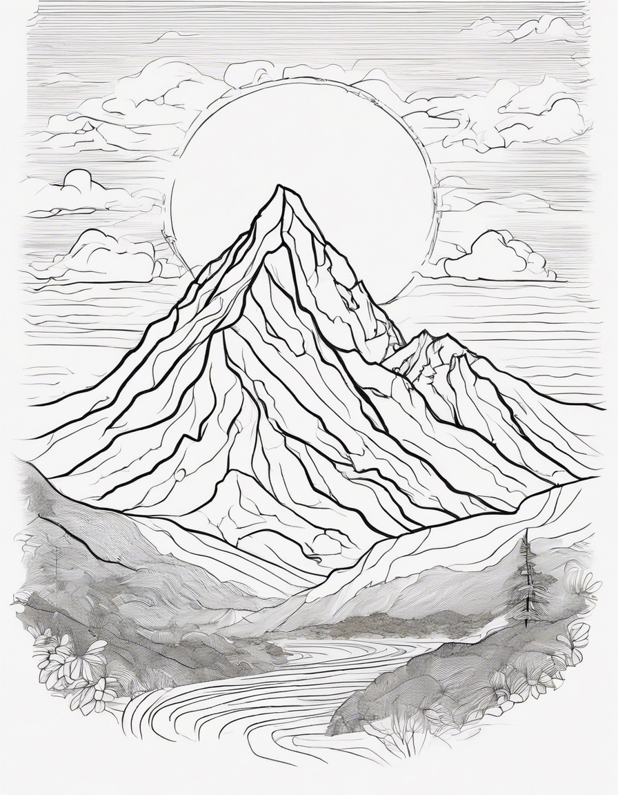 Mountain Peak Sunrise: A mountain peak bathed in the warm light of the rising sun, with clouds swirling around and a sense of peace and majesty. coloring page