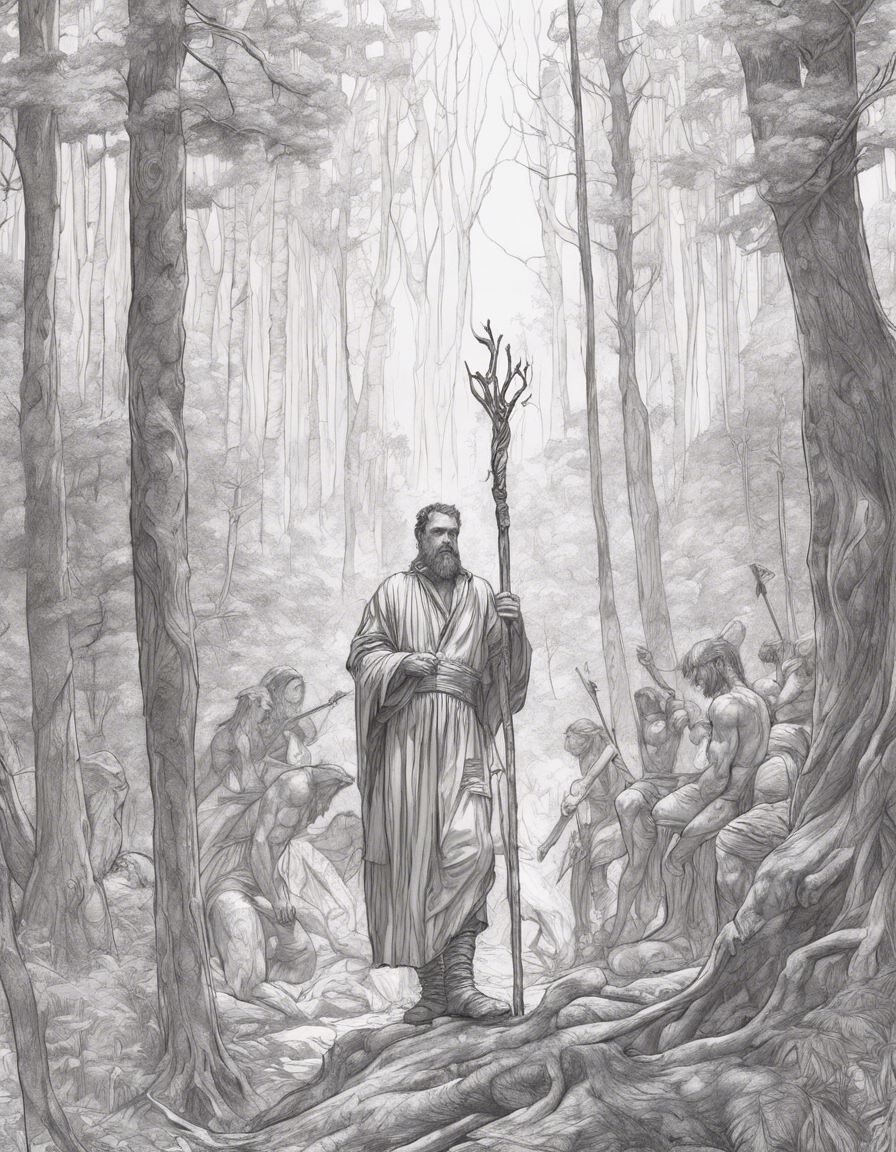 a drawing of a man with a staff in a forest with people around him and a man with a staff in his hand, Donato Giancola, antipodeans, elden ring, a charcoal drawing coloring page