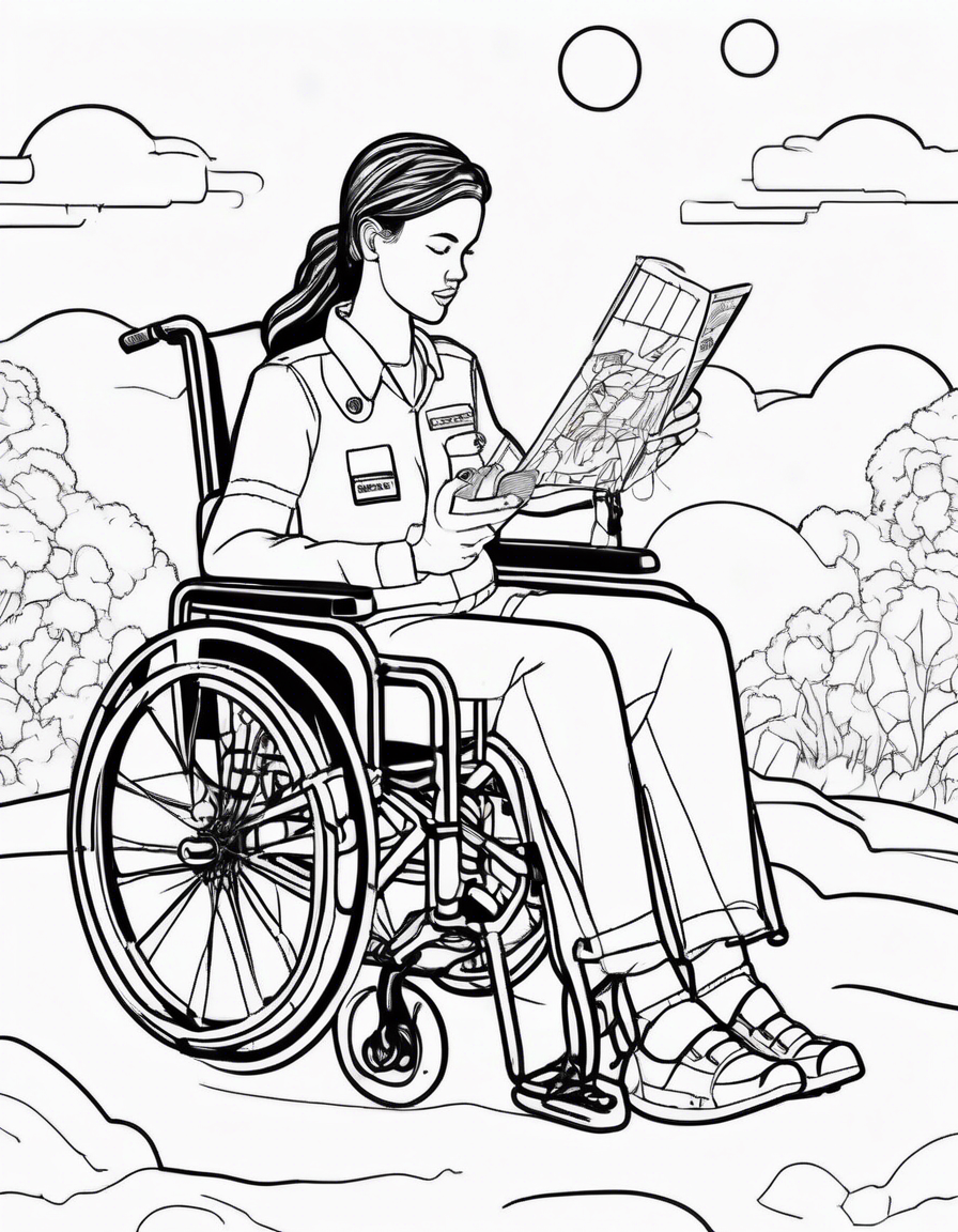 a girlscout in a wheelchair using an amateur radio coloring page