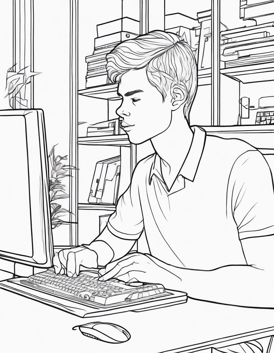 young boy looking at his computer coloring page