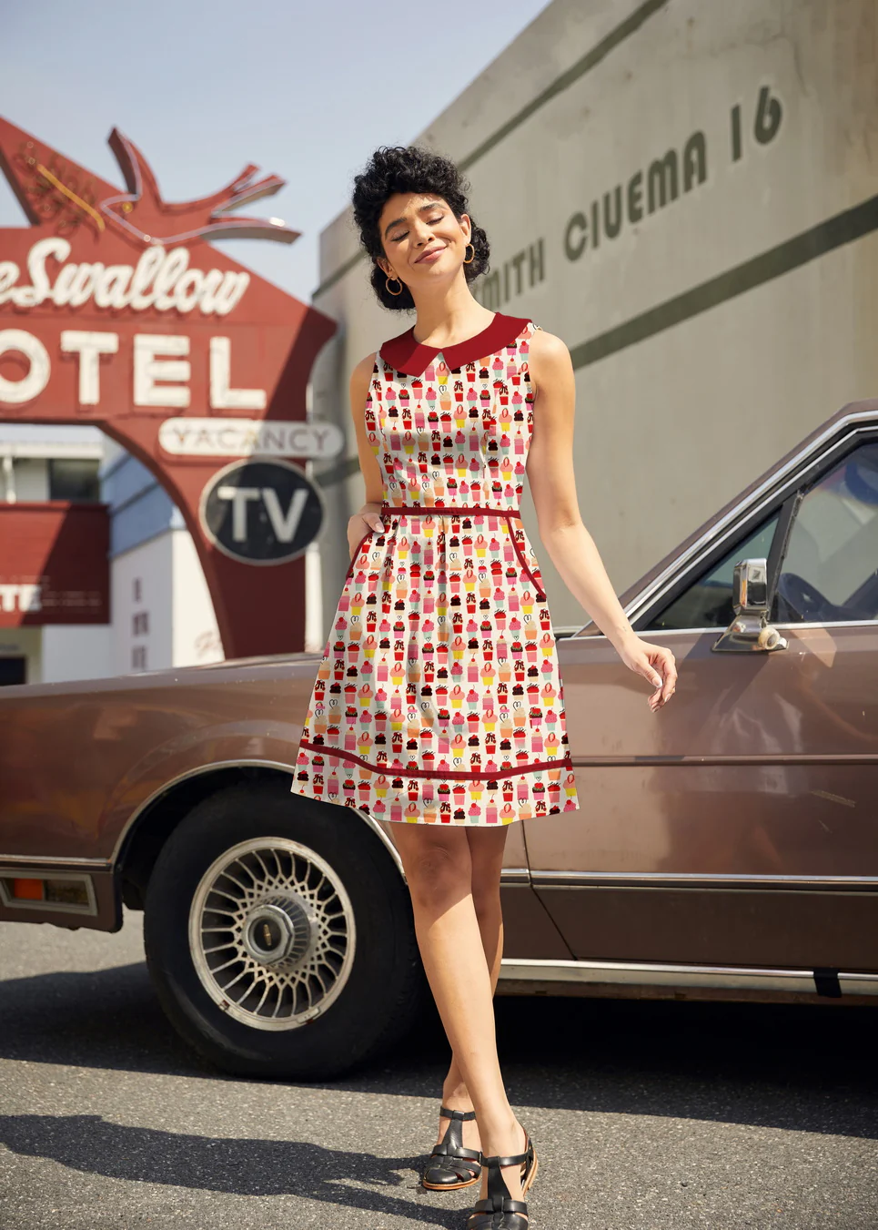 Retro Mod Collared Dress Cupcake Print
