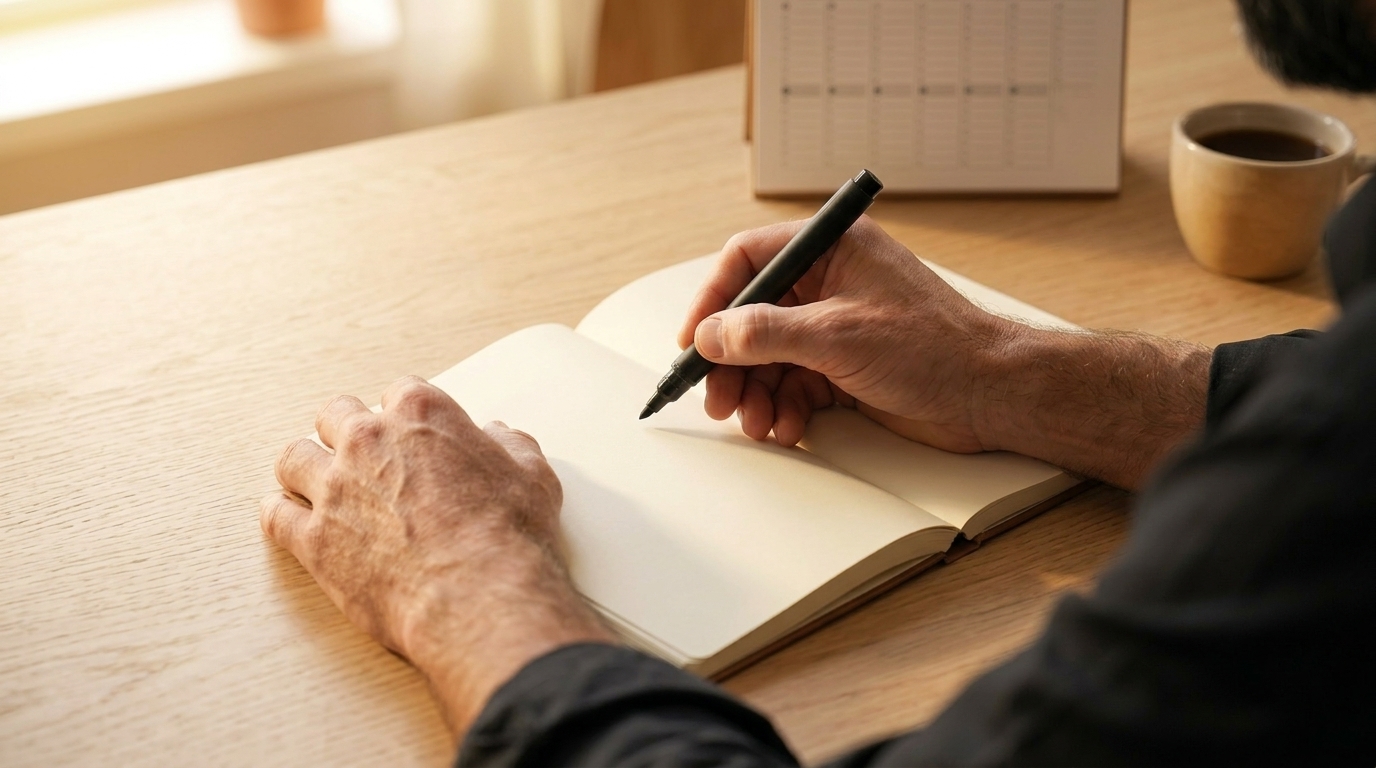 A person's hands writing in an open notebook with a pen at a desk during quiet morning light.