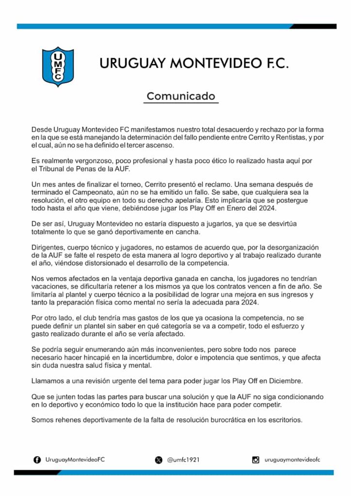 FUTBOL URUGUAYO : EL COMUNICADO DE LOS CLUBES PROFESIONALES DEL