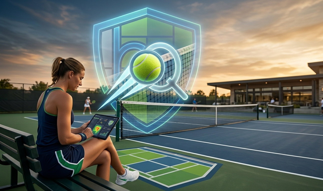 Coach managing tennis academy schedules on a tablet courtside