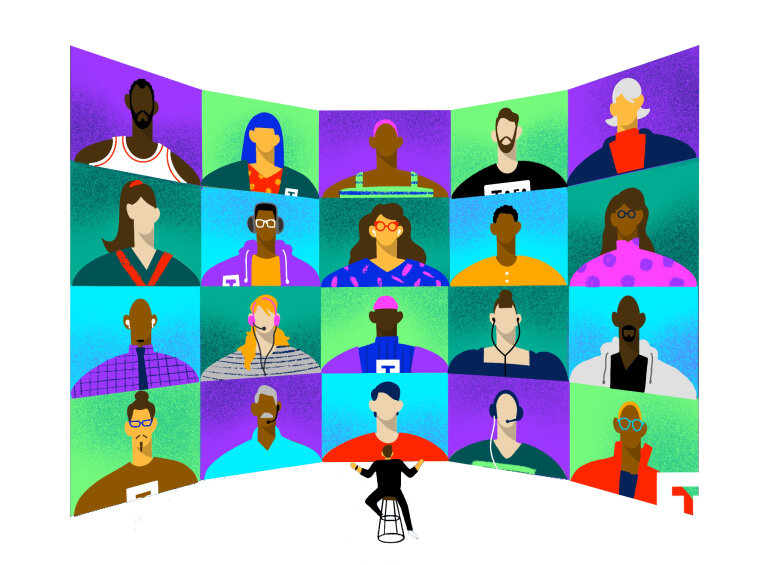 Ilustração de vinte pessoas com etnias, cores de cabelos e roupas diferentes, simulando uma tela de videoconferência com uma pessoa no meio assistindo. No canto inferior direito, a marca da Tera.
