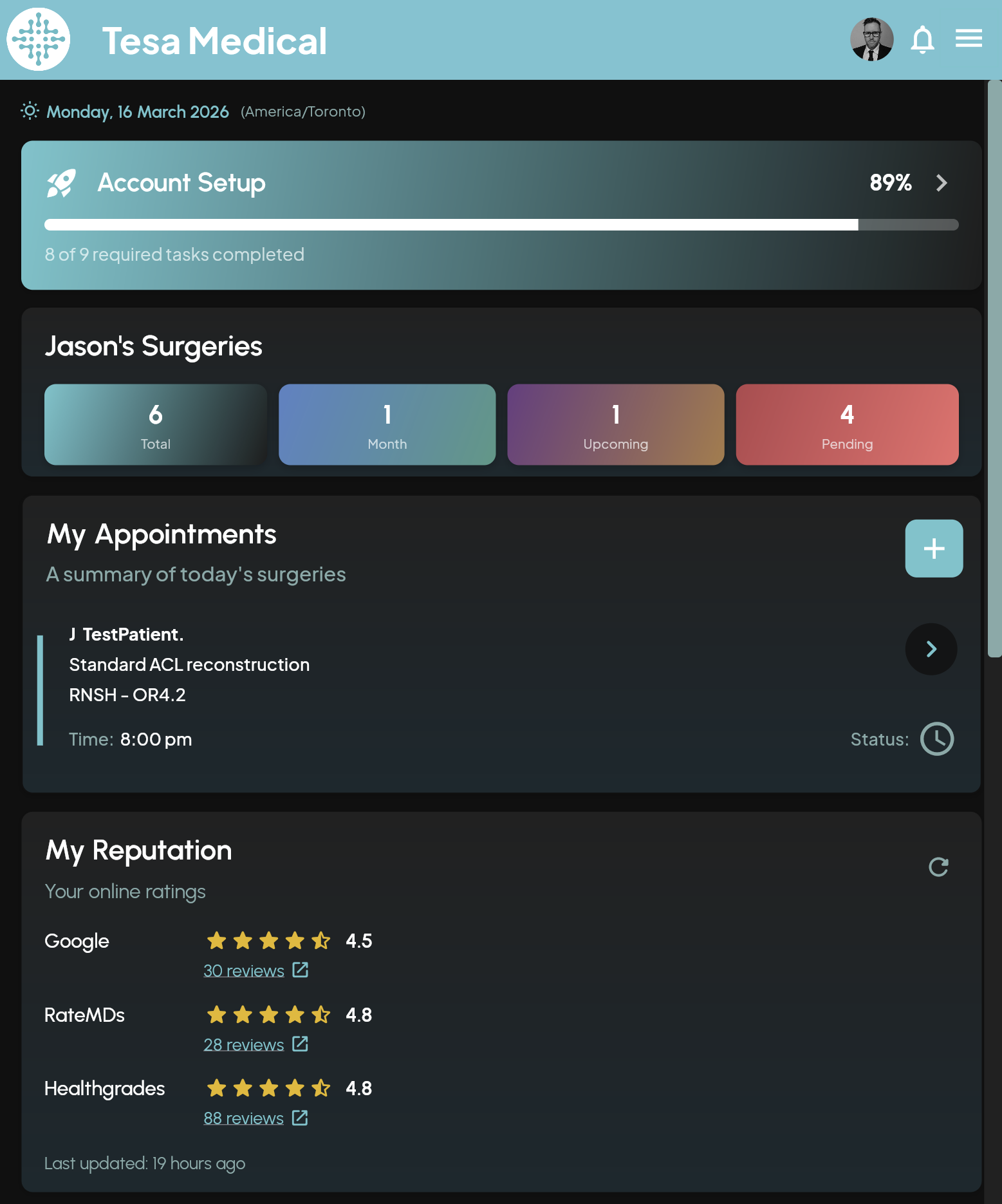 Surgeon dashboard showing account setup progress, surgery stats, today's appointments, and My Reputation with star ratings from Google, RateMDs, and Healthgrades
