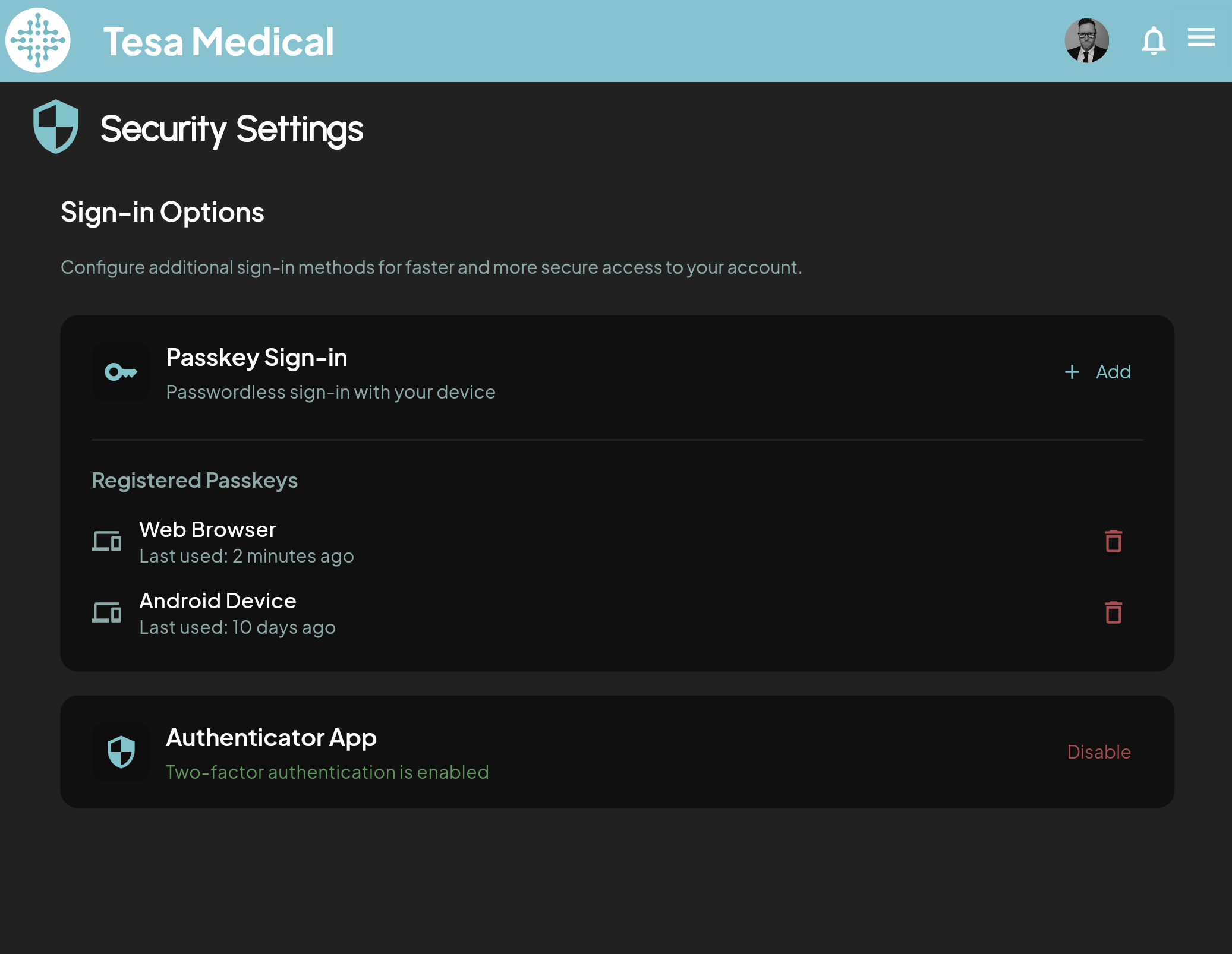 Security settings showing passkey sign-in, registered devices, and two-factor authentication