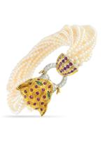 18K  GOLD DIAMOND RUBY EMERALD PEARL LION HEAD BRACELET