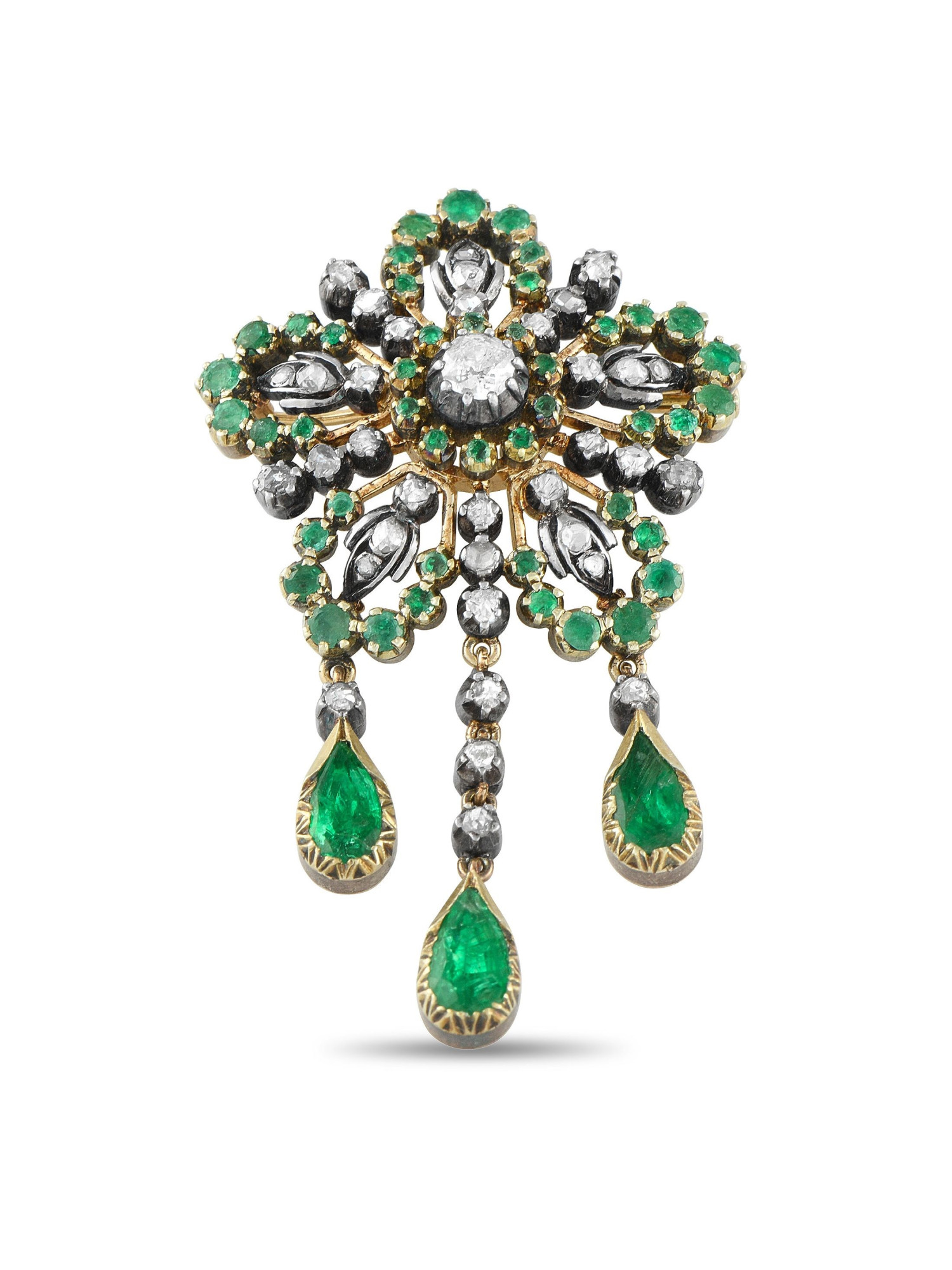 ANTIQUE 18K GOLD AND SILVER DIAMOND AND EMERALD BROOCH PIC-
