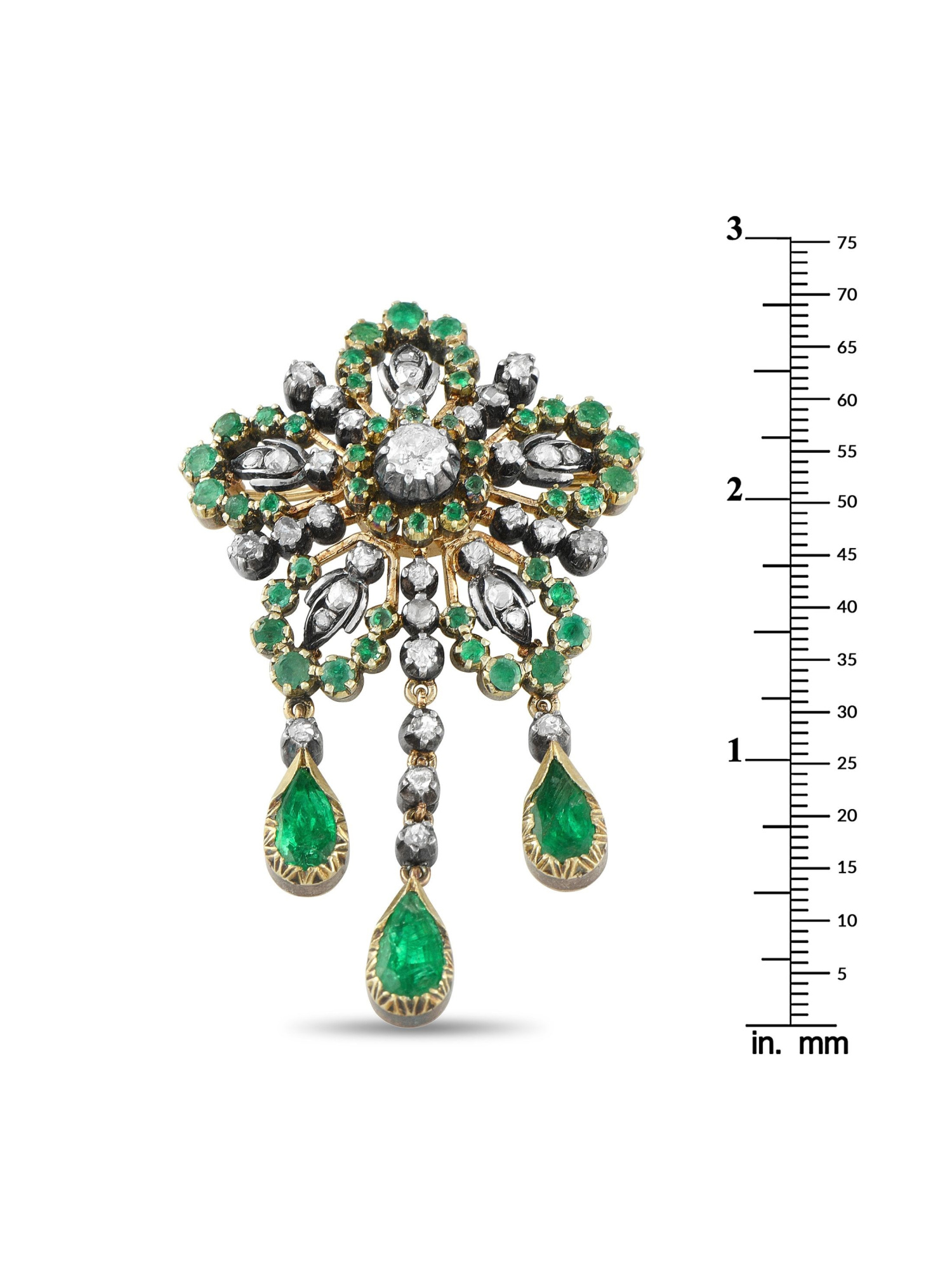 ANTIQUE 18K GOLD AND SILVER DIAMOND AND EMERALD BROOCH PIC-2