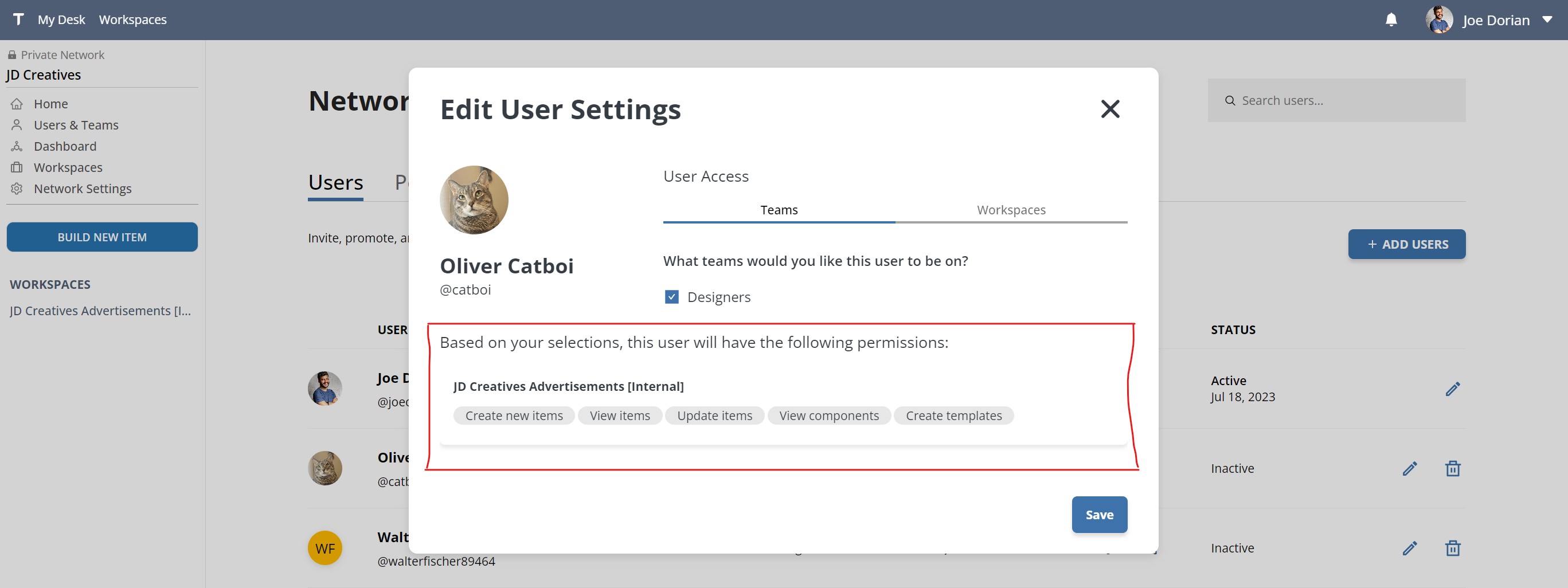 View a network user permissions