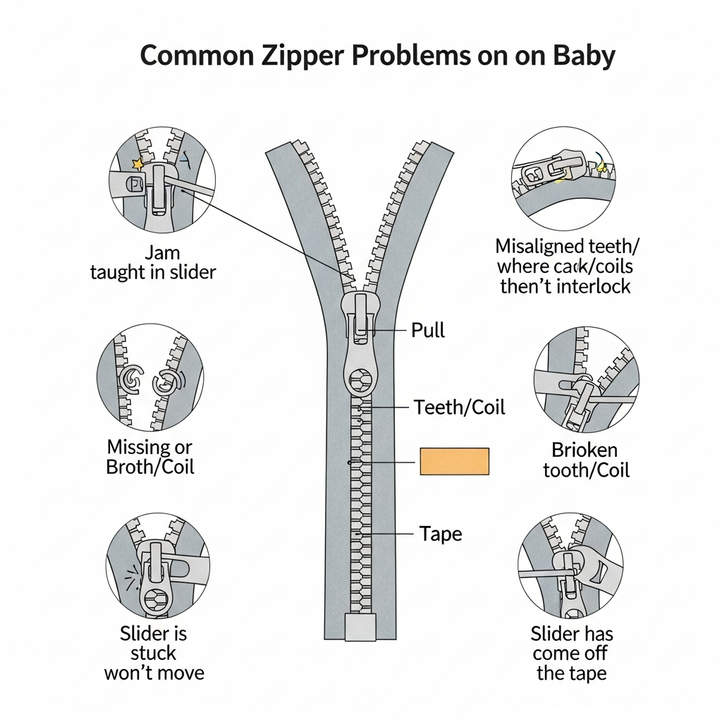 Problemas comunes de cremalleras en pijamas de bebé - cremallera atascada, dientes separados, diagrama de deslizador suelto