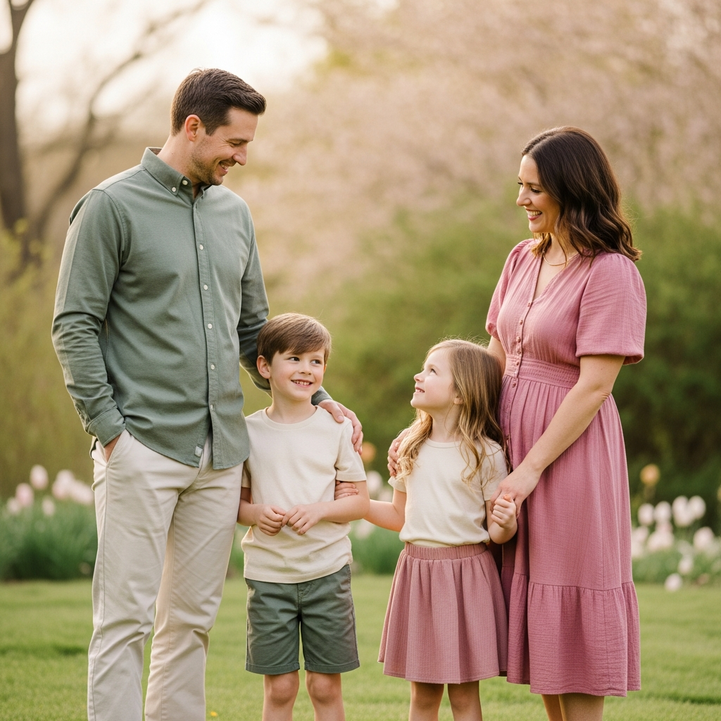 Koordinierende Familien-Outfits Frühlingsfotoshooting Pastell-Farbpalette Stil-Leitfaden